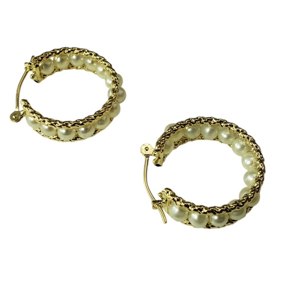 14 Karat Yellow Gold Pearl Hoop Earrings #20632 - Picture 3 of 7